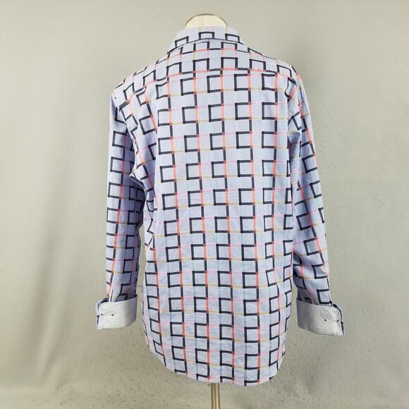 Bugatchi Uomo Shirt Mens Large Blue Multicolor Plaid Classic Fit Contrast Cuff - Picture 6 of 13